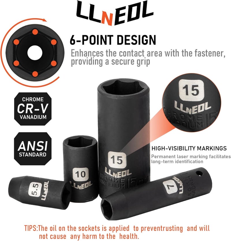 LLNEDL 1/4 inch Impact Socket Set, 63 Piece Drive Socket Wrench Set Metric (4-15mm) Deep and Shallow 6 Point, Automotive Tool Kit with 72T Ratchet for Bicycle & Car Repairing - Image 4